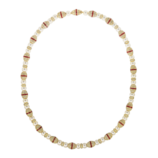 Gold, Ruby, Cultured Pearl and Diamond Necklace