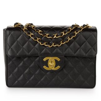 Black Quilted Caviar Jumbo Classic Single Flap Gold Hardware, 1994-1996