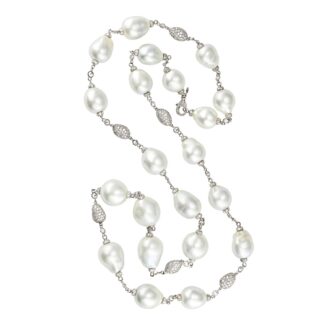 White Gold, Baroque Cultured Pearl and Diamond Necklace