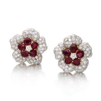 Gold, Ruby and Diamond Floral Earclips