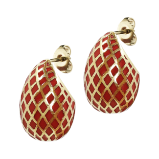 Gold and Red Plique-à-Jour Enamel Crownwork Egg Earrings