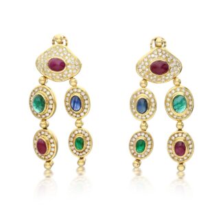 Gold, Ruby, Sapphire, Emerald and Diamond Chandelier Earclips