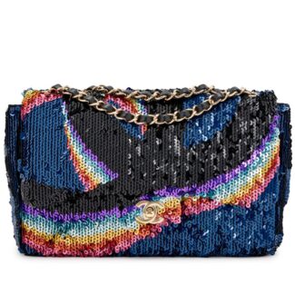 Rainbow Sequin and Blue Lambskin Medium Single Flap Bag Gold Hardware, 2021