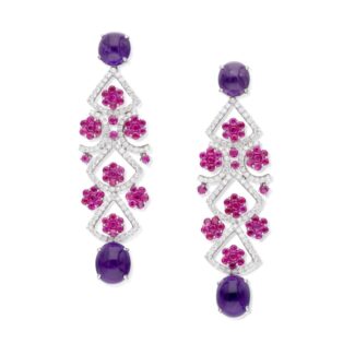 White Gold, Amethyst, Ruby and Diamond Drop Earrings