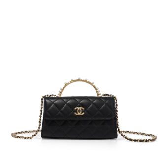 Black Quilted Lambskin Top Handle Clutch with Chain Gold Hardware