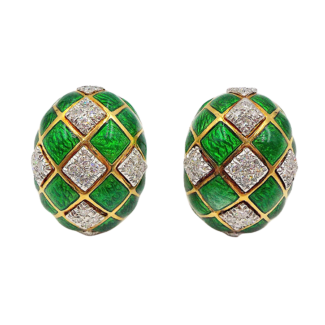 Platinum, Gold, Enamel and Diamond Earclips