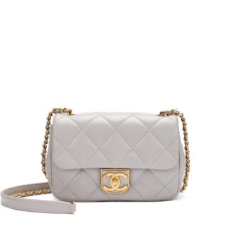 Grey Quilted Lambskin Flap Bag Gold Hardware