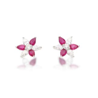 Platinum, Ruby and Diamond Flower Earrings