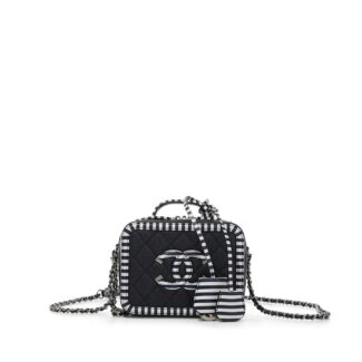 Navy and White Quilted Caviar CC Filigree Vanity Case Silver Hardware, 2019