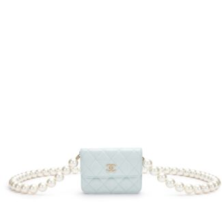 Light Blue Quilted Lambskin Imitation Pearl Chain Micro Bag Silver Hardware, 2021
