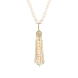 Gold, Cultured Pearl and Diamond Tassel Necklace