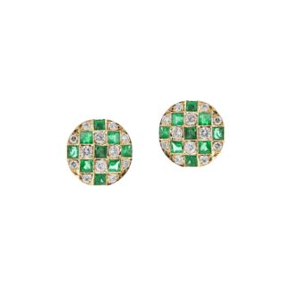 Gold, Emerald and Diamond Checkerboard Stud Earrings