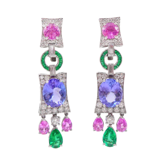 Platinum, Tanzanite, Pink Sapphire, Emerald and Diamond Pendant Earclips