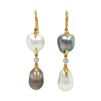 Gold, Cultured Pearl and Diamond Drop Earrings