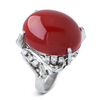 Platinum, Red Coral and Diamond Ring