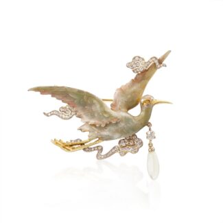 Gold, Enamel, Cultured Pearl and Diamond Bird Brooch