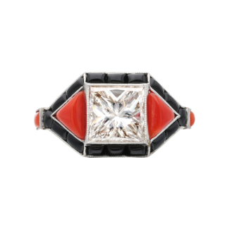 Platinum, Coral, Onyx and Diamond Ring