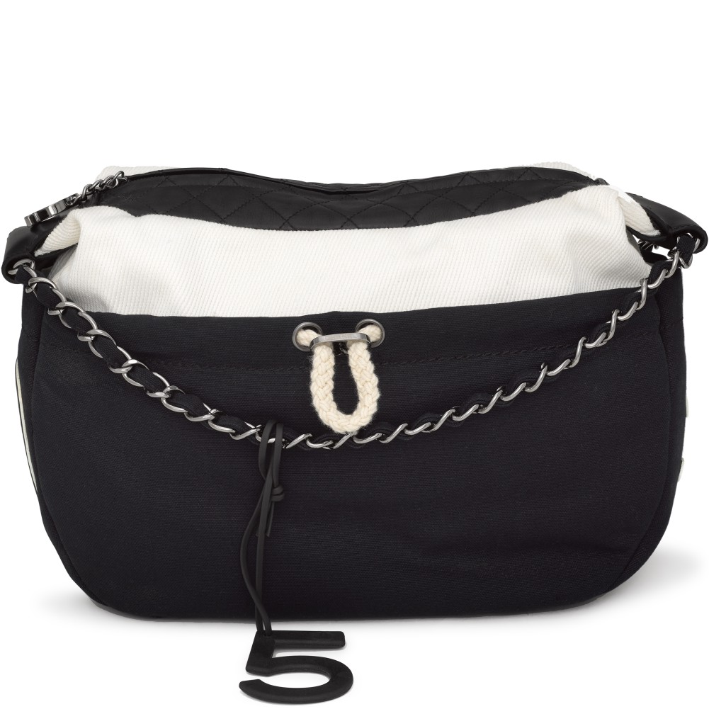 Black Quilted Lambskin, Navy and White Cotton Cruise Sailing Yacht Boating Pochette Hobo Sliver Hardware, 2004-05