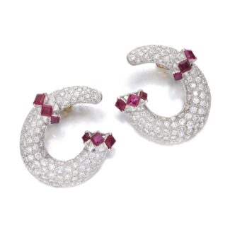 White Gold, Ruby and Diamond Crescent Earrings