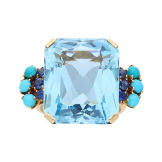Gold, Aquamarine, Sapphire and Turquoise Cocktail Ring