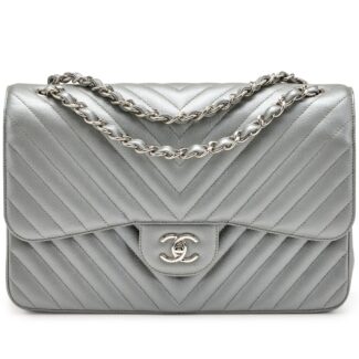Silver Chevron Quilted Caviar Jumbo Classic Double Flap Silver Hardware, 2016