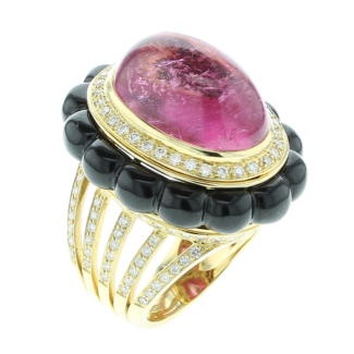 Gold, Pink Tourmaline, Black Jade and Diamond Ring