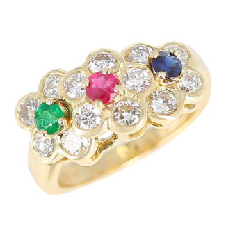 Gold, Emerald, Ruby, Sapphire and Diamond Tri-Floral Ring