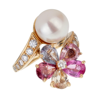 Gold, Cultured Pearl, Sapphire and Diamond Contraire Ring