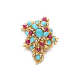 Textured Gold, Turquoise, Ruby and Diamond Brooch
