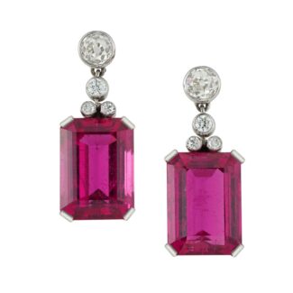 Vintage White Gold, 13.85ct Rubellite and Diamond Drop Earrings