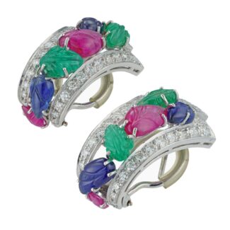 Vintage White Gold, Emerald, Ruby, Sapphire and Diamond Tutti Frutti Earclips