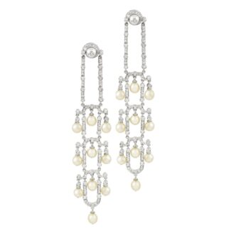 White Gold, Platinum, Natural Pearl and Diamond Drop Earrings