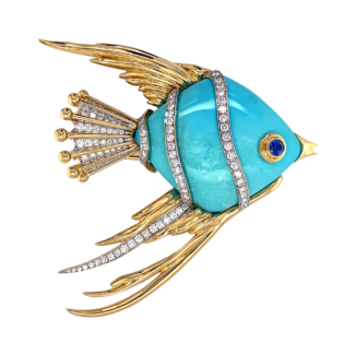 Platinum, Gold, Turquoise, Sapphire and Diamond Fish of The Sea Brooch