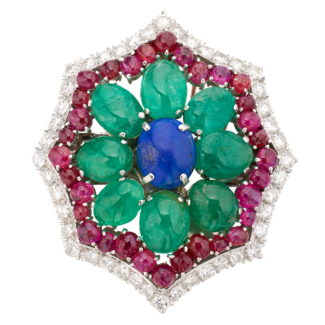 White Gold, Diamond, Emerald, Ruby and Lapis Lazuli Brooch