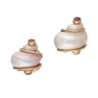 Gold, Seashell, Ruby and Sapphire Earclips