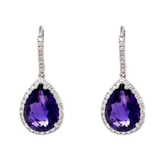 White Gold, Amethyst And Diamond Drop Earrings