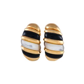 Gold, Onyx and Mother of Pearl Hoop Earrings