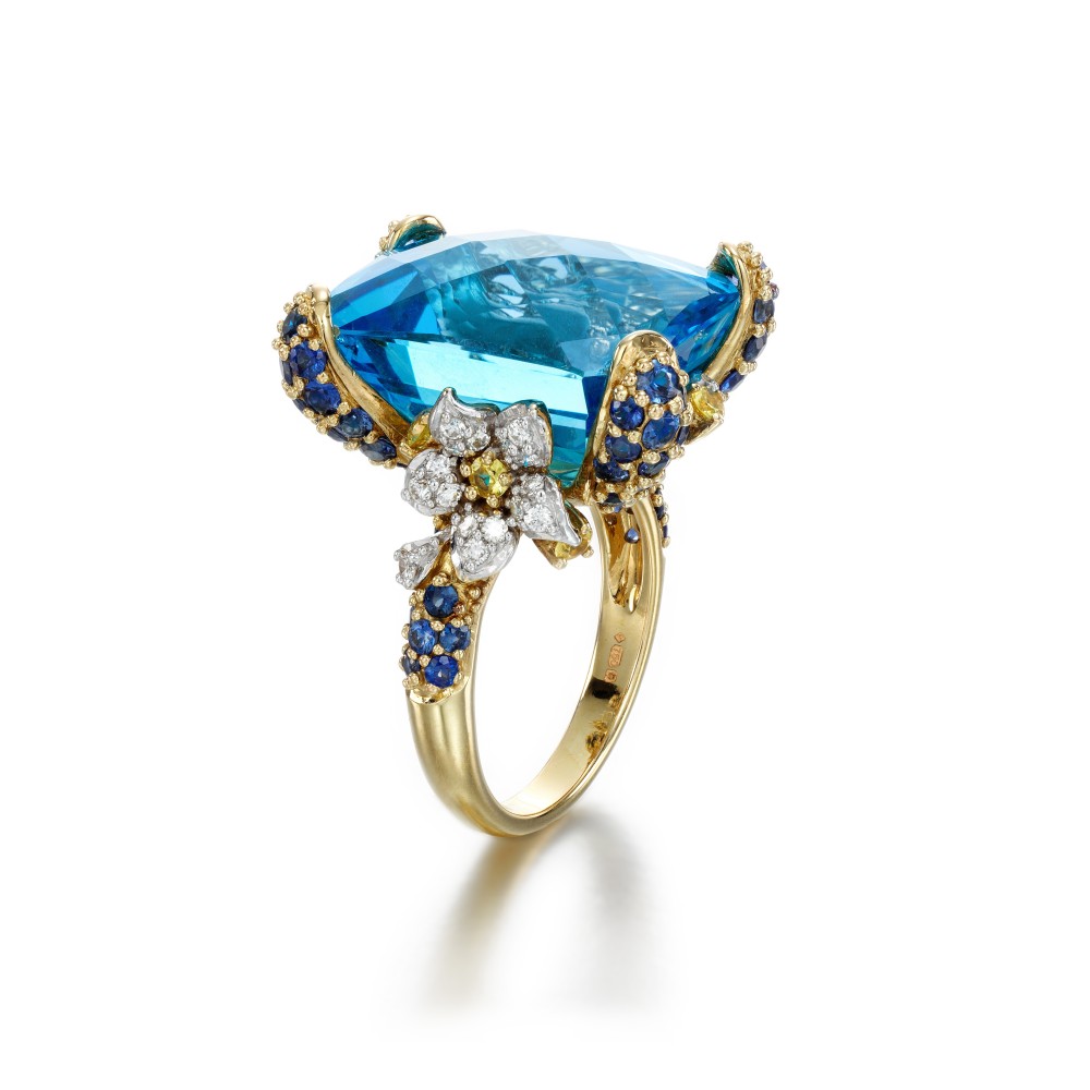 Gold, 13.60ct Topaz, Yellow Sapphire, Sapphire and Diamond Cocktail Ring