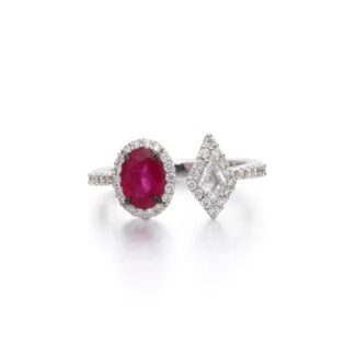 White Gold, Ruby and Diamond Bypass Ring