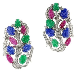 White Gold, Ruby, Emerald and Sapphire Earrings
