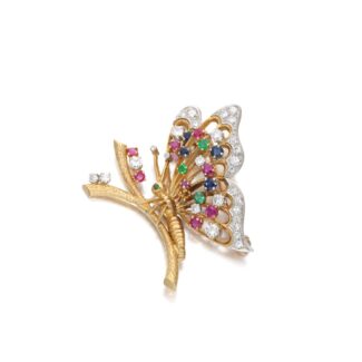 Gold, Platinum, Diamond and Multi-Gem Butterfly Brooch
