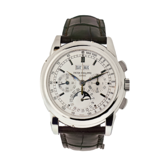 Complications Reference 5970G, a white gold manual wind wristwatch with perpetual calendar and strap, Circa 2006
