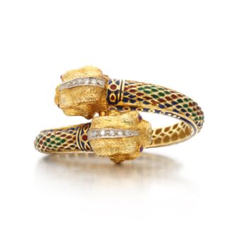 Gold, Diamond, Ruby and Enamel Double Chimera Head Bangle Bracelet