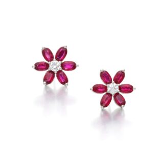 Platinum, Ruby and Diamond Flower Stud Earrings