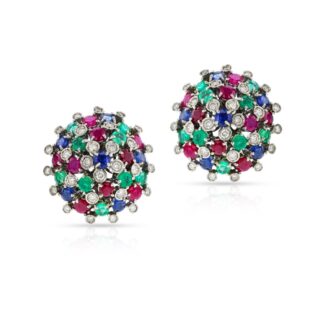 White Gold, Ruby, Emerald, Sapphire and Diamond Earclips