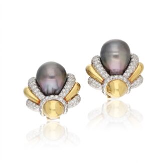 Gold, Cultured Pearl and Diamond Earclips