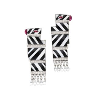 White Gold, Enamel, Diamond, Rock Crystal and Ruby Zebra Drop Earclips
