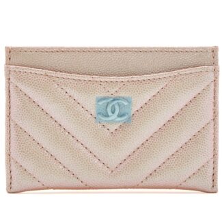 Iridescent Rose Gold Chevron Quilted Caviar Card Holder Silver Hardware, 2017