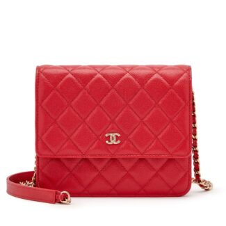 Red Quilted Caviar Timeless Classic Clutch with Chain Gold Hardware, 2019
