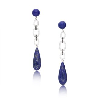 White Gold, Lapis Lazuli, Black Diamond and Diamond Drop Earrings